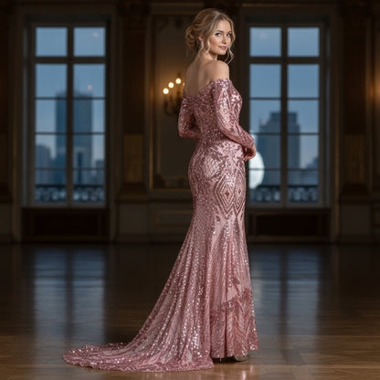 Dazzling Rose Gold Sequin Off-Shoulder Gown for Glam Events