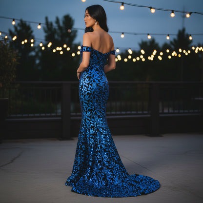 Haute Couture Elegant Blue Off-Shoulder Sequin Evening Gown for Special Occasions