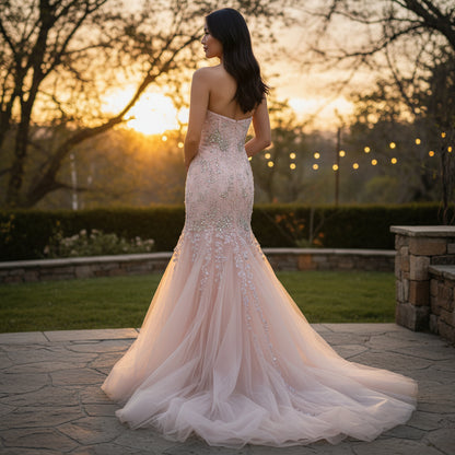 Dazzling Blush Beaded Tulle Gown for Unforgettable Nights