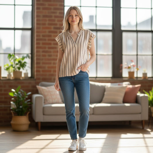 Striped Ruffle Neck Casual Top - Your New Favorite Shirt