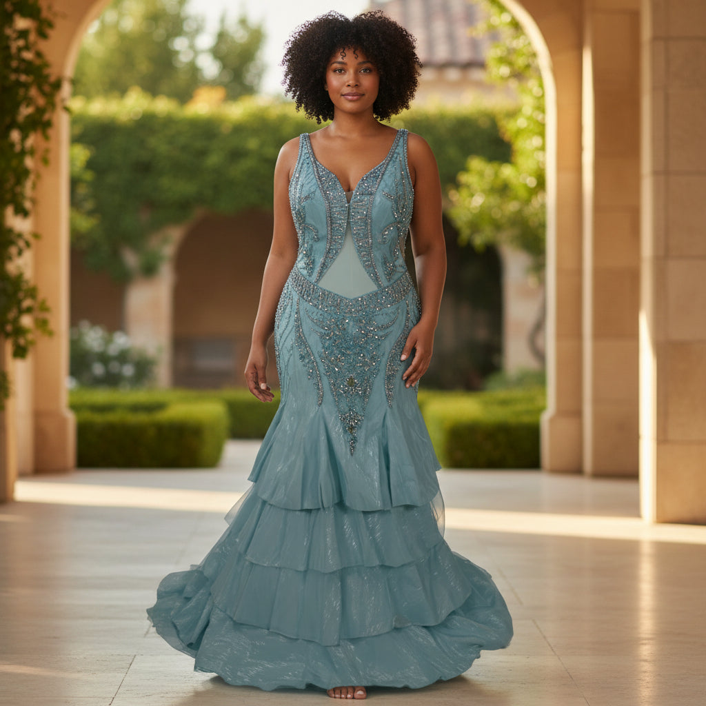 Show-Stopping Azure Embellished Backless Evening Gown