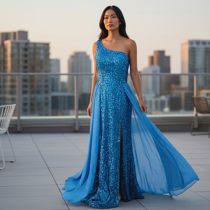Dazzling Oceanic Sequin Gown with Show-Stopping Flow