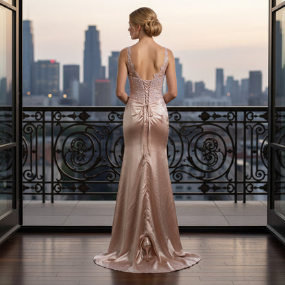 Dazzling Rose Quartz Satin Dress with Bejeweled Bodice