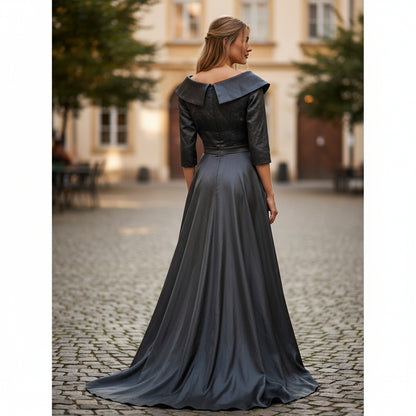 Elegant Black Satin Evening Gown with Dramatic Collar