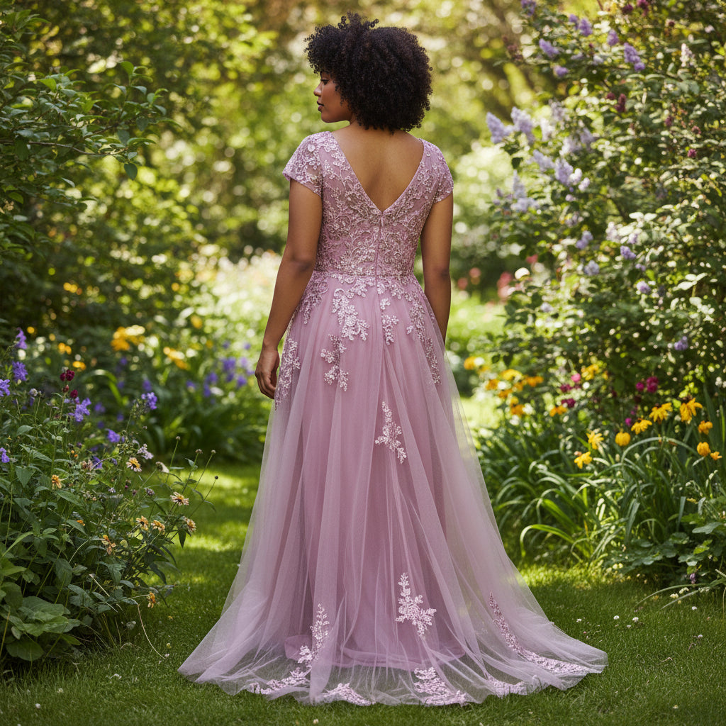 Elegant Blush Pink Tulle Evening Gown with Embroidery