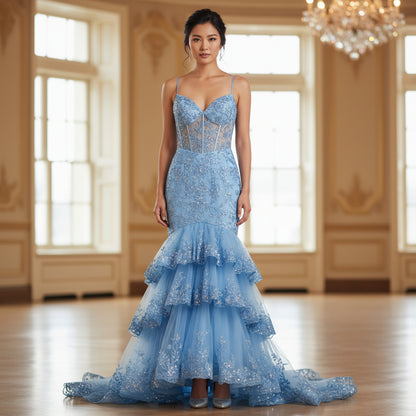 Dazzling Ice Blue Tiered Tulle Gown for Unforgettable Nights