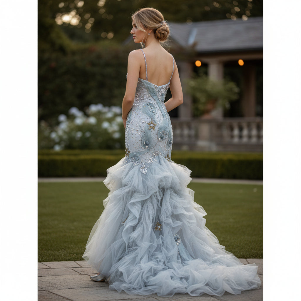 Dramatic Azure Mermaid Gown with Enchanting Ruffles