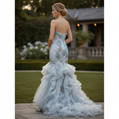 Dramatic Azure Mermaid Gown with Enchanting Ruffles