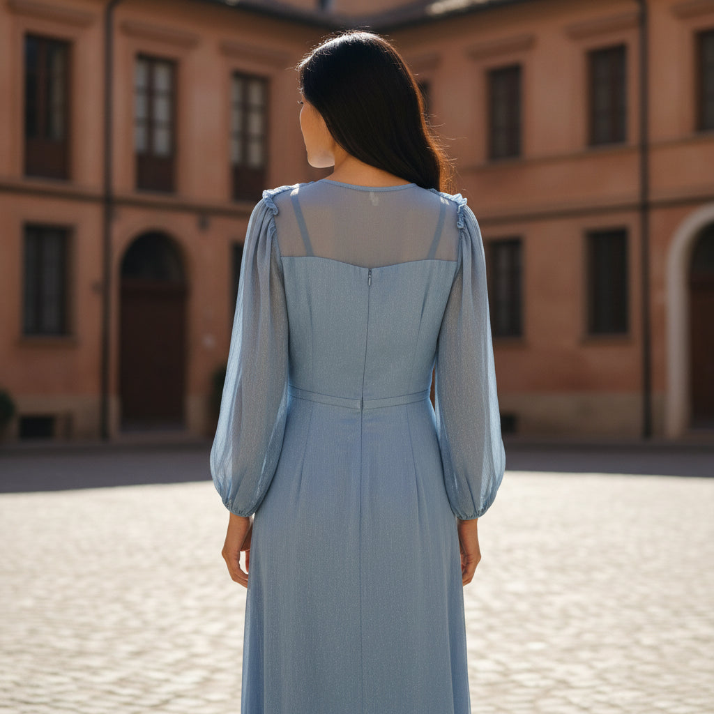 Elegant Blue Chiffon Midi Dress with Sheer Sleeves for Special Occasions