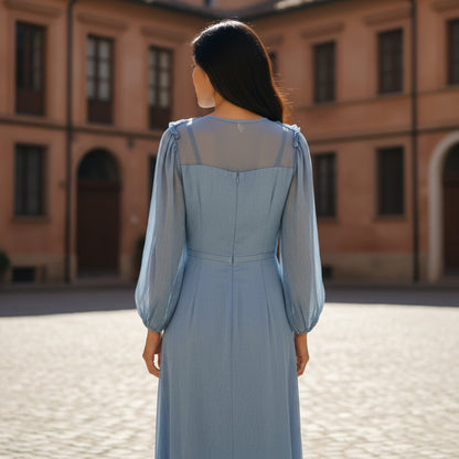 Elegant Blue Chiffon Midi Dress with Sheer Sleeves for Special Occasions