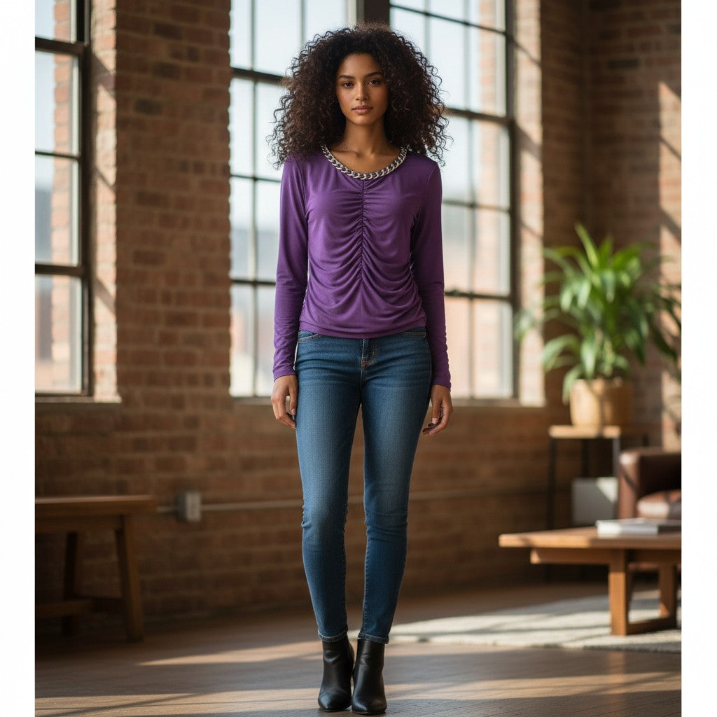 Ruched Long Sleeve Top with Chain Detail