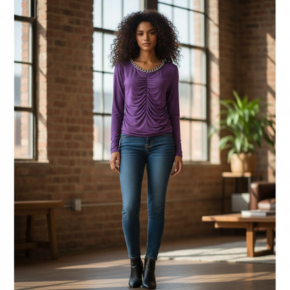Ruched Long Sleeve Top with Chain Detail