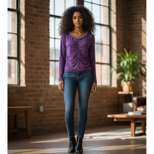 Ruched Long Sleeve Top with Chain Detail
