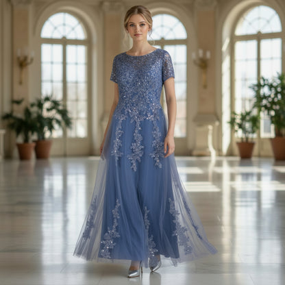 Dazzling Sapphire Embroidered Tulle Gown for Unforgettable Nights