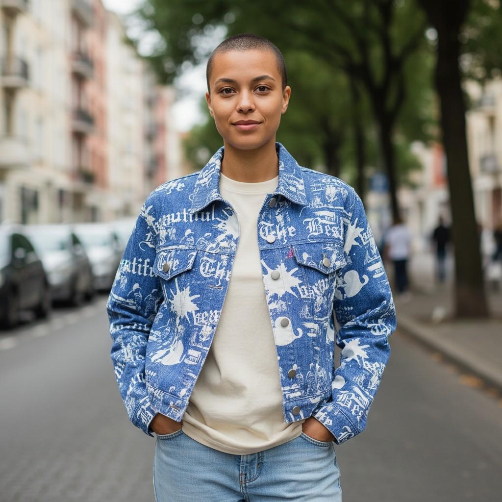 Retro Cool Blue Newspaper Print Denim Jacket