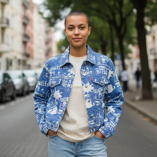 Retro Cool Blue Newspaper Print Denim Jacket