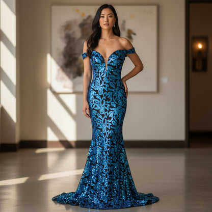 Haute Couture Elegant Blue Off-Shoulder Sequin Evening Gown for Special Occasions