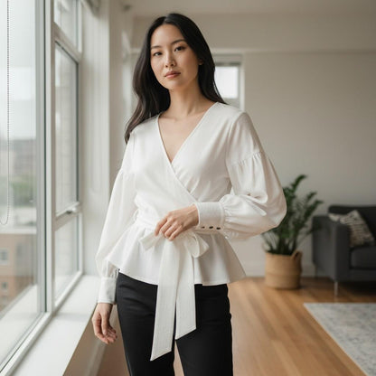 Wrap Peplum Blazer with Drama Sleeves and Waist Tie