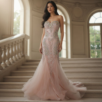 Dazzling Blush Beaded Tulle Gown for Unforgettable Nights