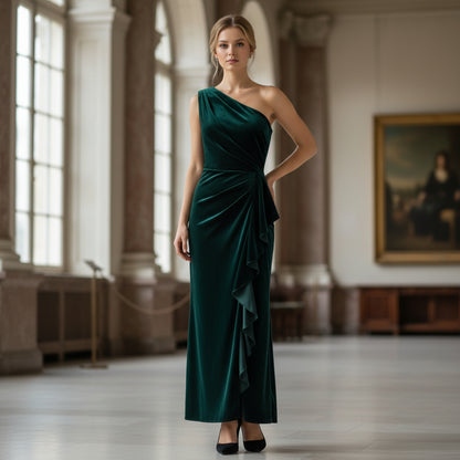 Emerald Velvet One-Shoulder Gown for Dramatic Entrances