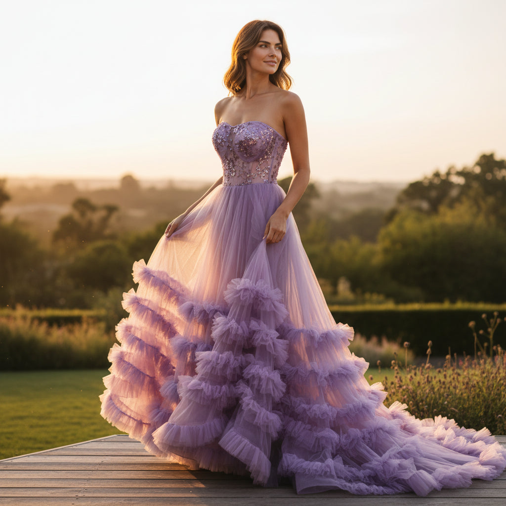 Elegant Lavender Strapless Tulle Evening Gown for Formal Events