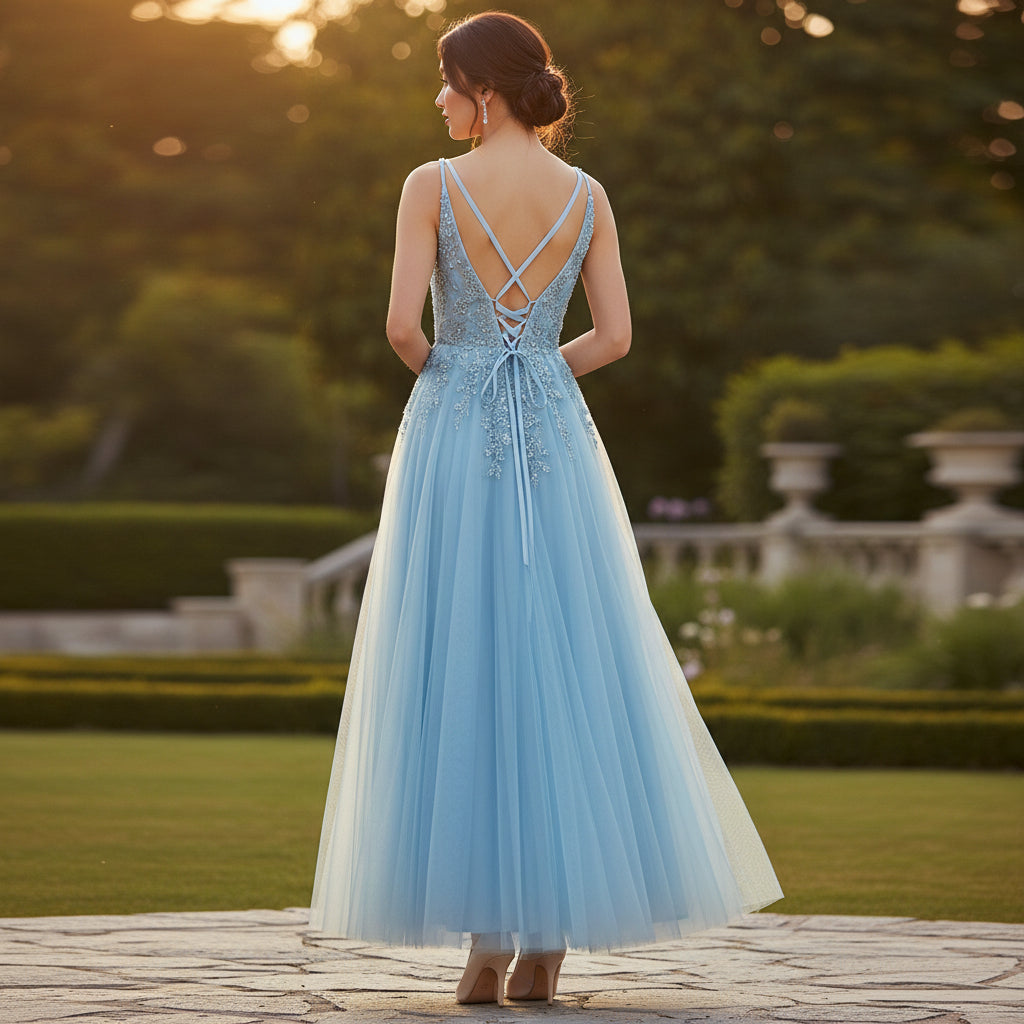 Mesmerizing Sky Blue Tulle Gown with Dazzling Embroidery
