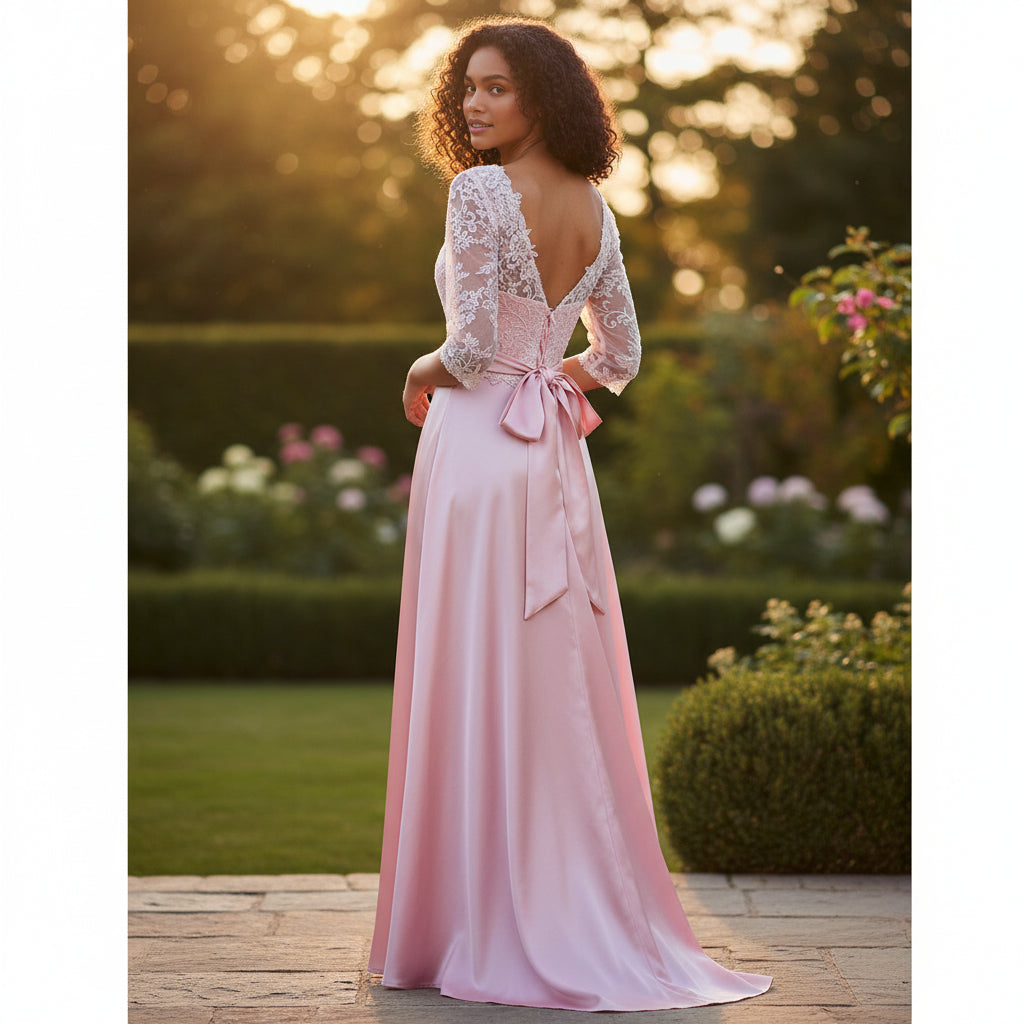 Elegant Pink Lace Long-Sleeve Gown for Special Occasions