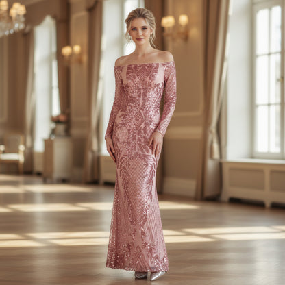 Dazzling Rose Gold Sequin Off-Shoulder Gown for Glam Events