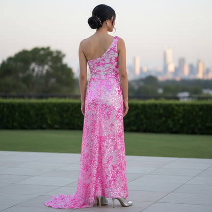 Dramatic Pink Floral One-Shoulder Gown for Unforgettable Nights