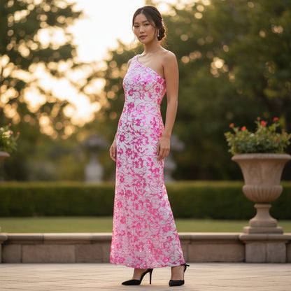 Dramatic Pink Floral One-Shoulder Gown for Unforgettable Nights