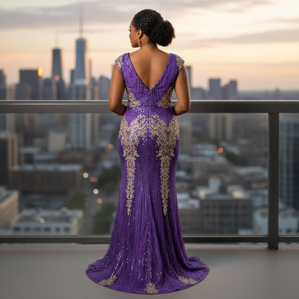 Royal Velvet Goddess Gown - Dazzle in Purple & Gold!