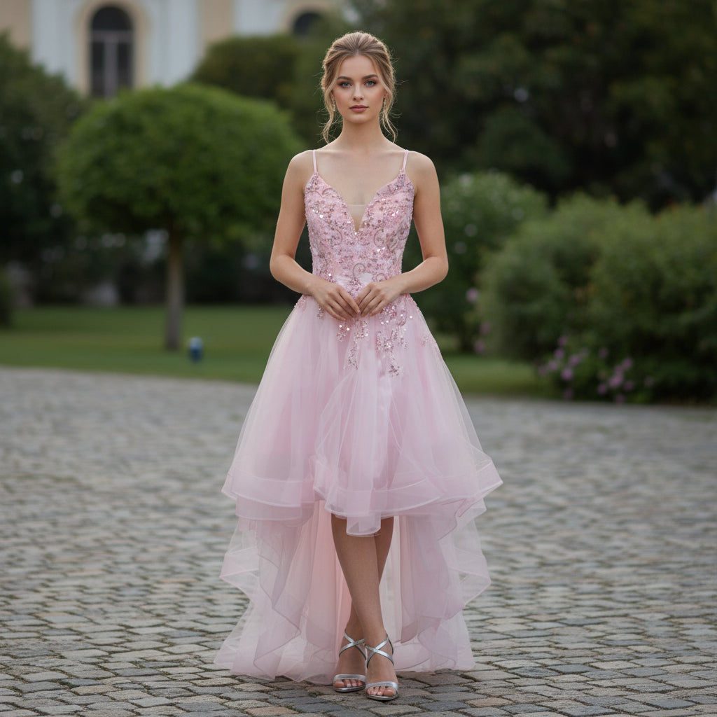 Dazzling Pink Glamour: High-Low Embroidered Evening Dress