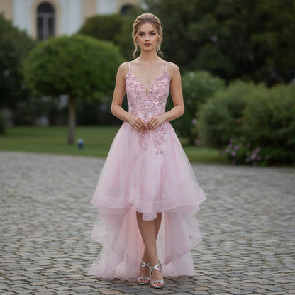 Dazzling Pink Glamour: High-Low Embroidered Evening Dress