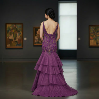 Dazzling Purple Mermaid Gown with Layered Drama