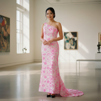 Dramatic Pink Floral One-Shoulder Gown for Unforgettable Nights