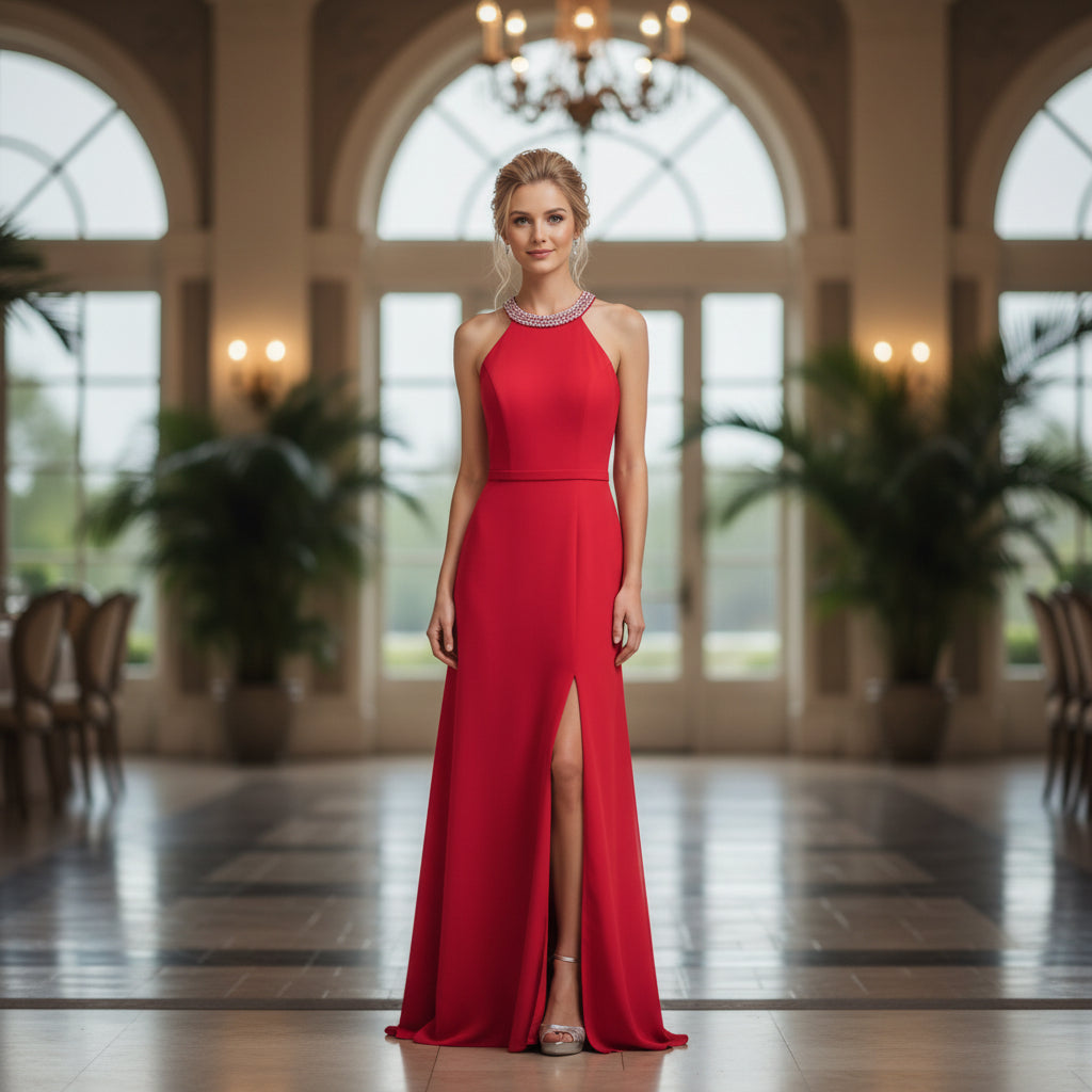 Show-Stopping Red Gown with Daring Neckline for Bold Nights