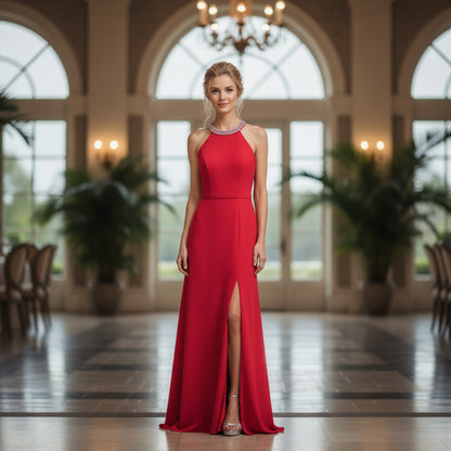 Show-Stopping Red Gown with Daring Neckline for Bold Nights