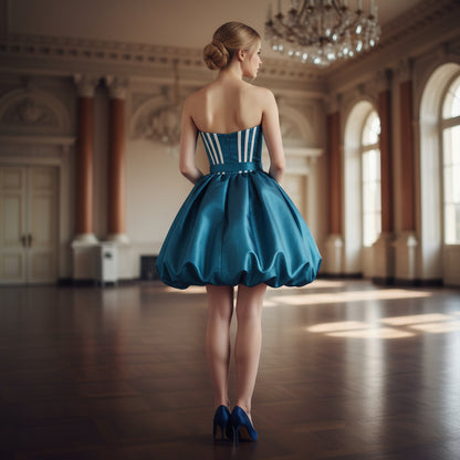 Dramatic Teal Satin Strapless Party Dress - Fierce & Flirty Vibes