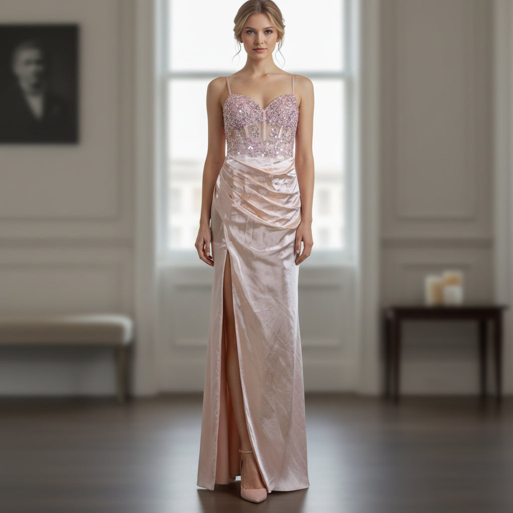 Dazzling Rose Quartz Satin Dress with Bejeweled Bodice