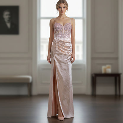 Dazzling Rose Quartz Satin Dress with Bejeweled Bodice
