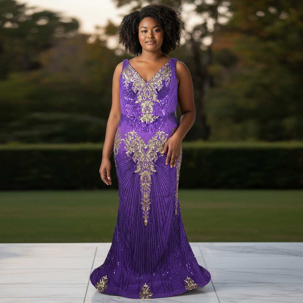 Royal Velvet Goddess Gown - Dazzle in Purple & Gold!