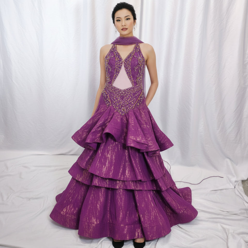 Dazzling Purple Mermaid Gown with Layered Drama