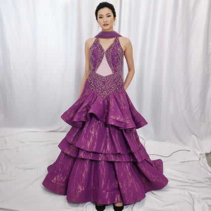 Dazzling Purple Mermaid Gown with Layered Drama