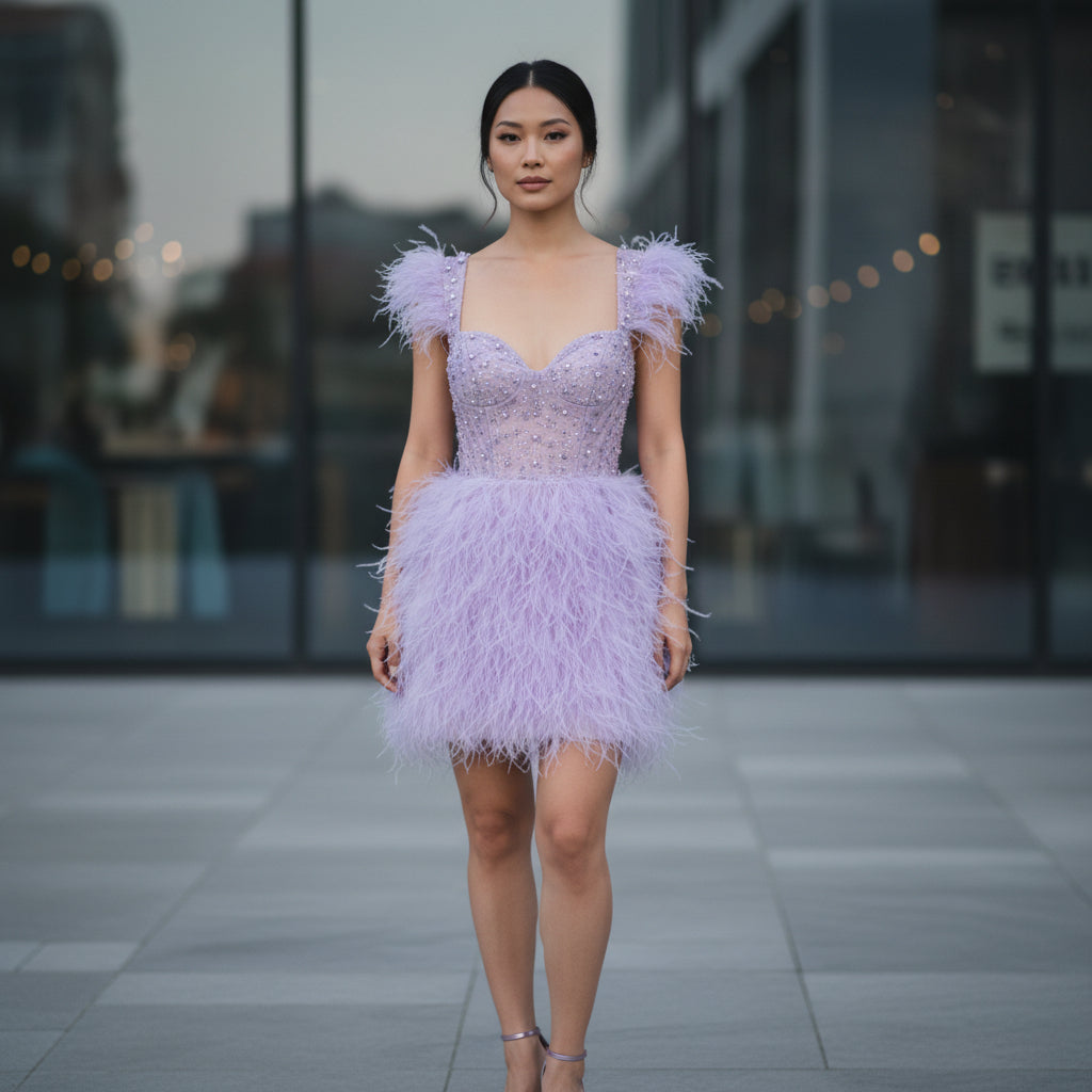 Radiant Lilac Feathered Fantasy Dress for Dazzling Entrances
