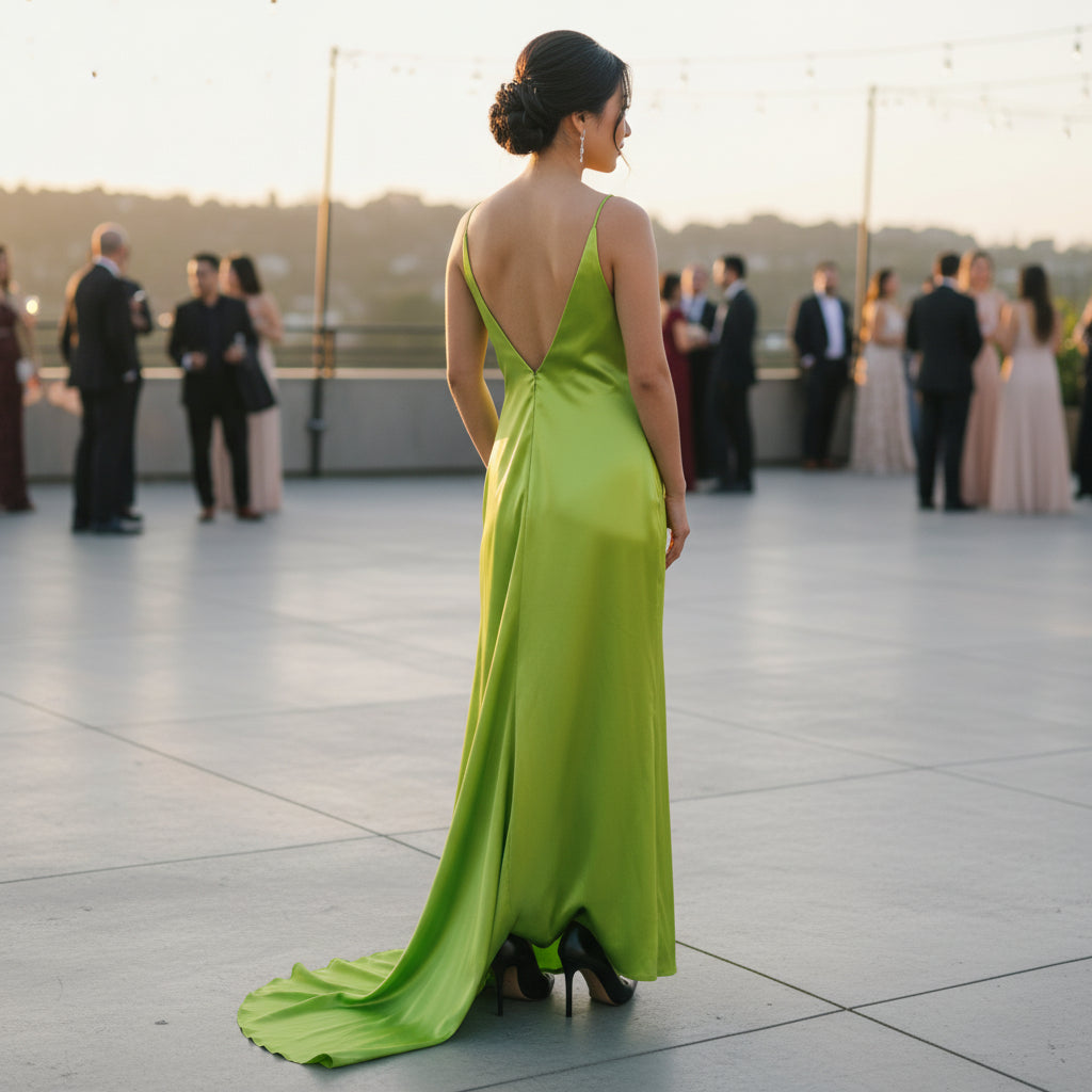 Antonio Castelle Dazzling Lime Satin Gown for Show-Stopper Moments