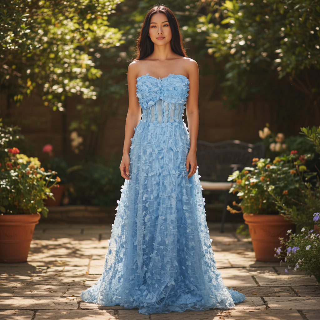 Elegant Blue Butterfly Lace Gown for Special Occasions