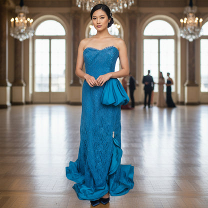 Dazzling Teal Lace Spectacle: Show-Stopping Gown for Galas
