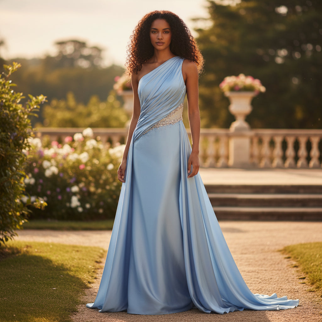 Dazzling Sky Blue Glam Satin Gown for Red Carpet Moments