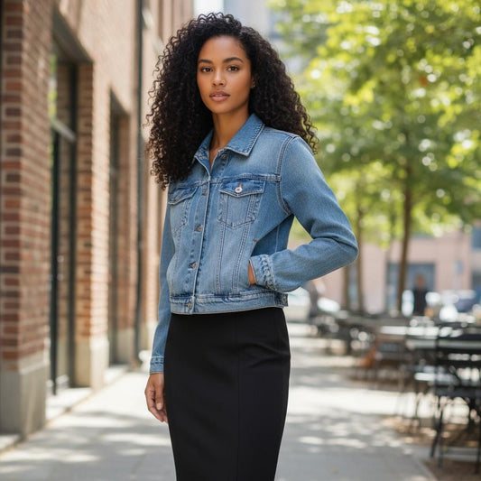 Retro-Cool Cropped Denim Jacket with Heart Elbow Patches