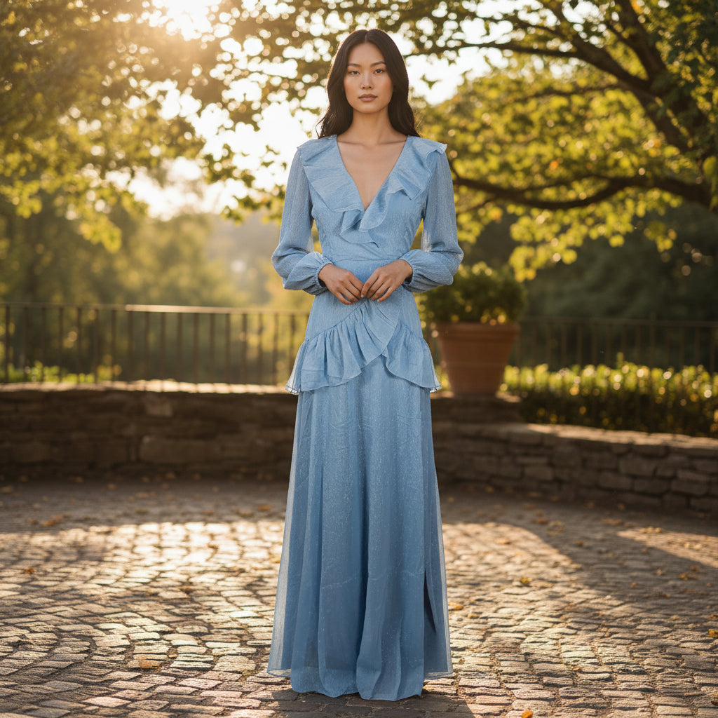 Elegant Blue Chiffon Midi Dress with Sheer Sleeves for Special Occasions